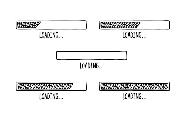 Vecteur barres de chargement dessinées à la main. définissez des barres de doodle de contour avec des pourcentages différents. chargement de vecteur de dessin animé.