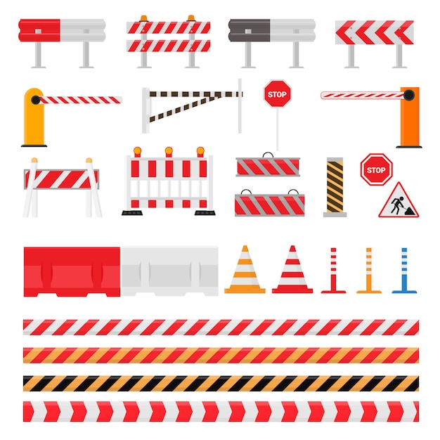 Vecteur barrière routière avertissement de barrière de circulation et blocs de barricade sur l'autoroute illustration ensemble de détour de barrage routier et barrière de travaux routiers bloqués isolé sur fond blanc