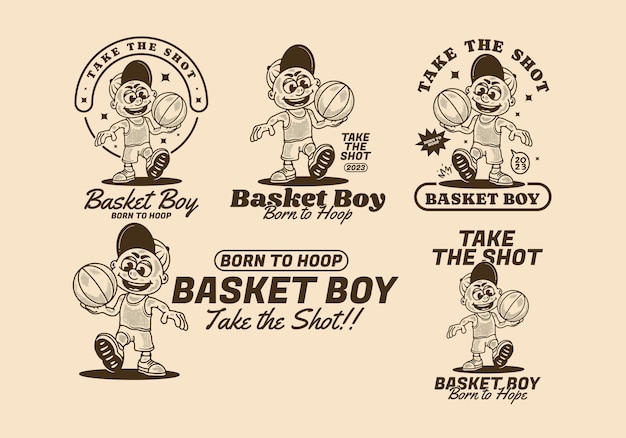 Basket Boy Prendre Le Coup Personnage D'illustration Vintage D'un Garçon Tenant Un Ballon De Basket