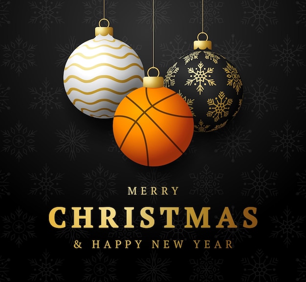 Basketball Joyeux Noël Et Bonne Année Carte De Voeux De Sport De Luxe. Ballon De Basket-ball Comme Boule De Noël Sur Fond. Illustration Vectorielle.