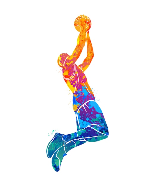 Basketteur abstrait avec ballon d'éclaboussure d'aquarelles. illustration de peintures.