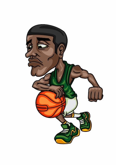 Vecteur un basketteur de dessin animé avec un maillot vert et un short vert avec un ballon de basket à la main