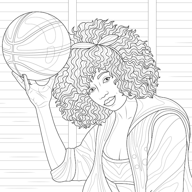 Vecteur basketteur noir avec le ballon à la mainlivre de coloriage antistress pour enfants et adultes