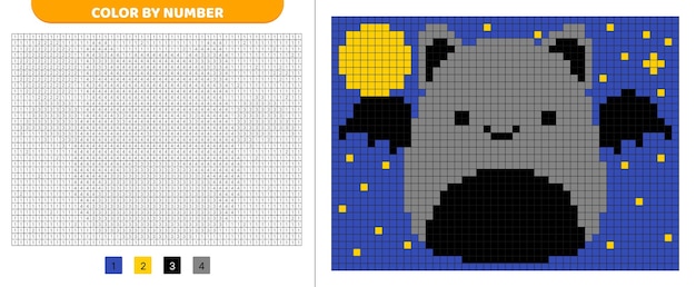 Bat squishmallow couleur par numéro pixel livre de coloriage carrés numérotés jeu pour enfants pixel art illustration vectorielle isolée eps 10