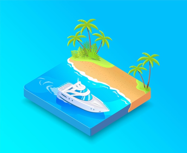 Bateau Blanc Isométrique Et Palmiers Des îles Tropicales Vector Illustration