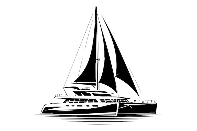 Bateau De Catamaran Vectoriel Libre Dans Un Vecteur De Silhouette Simple Avec Un Fond Blanc