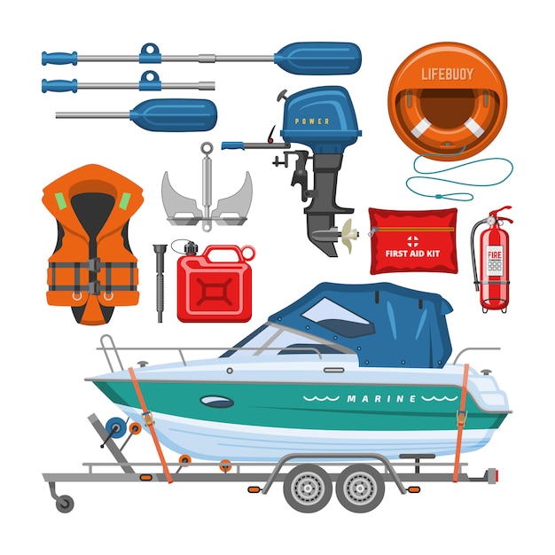 Bateau à Moteur équipement Yacht Avec Gilet De Sauvetage Bouée De Sauvetage Paddle Ancre Illustration