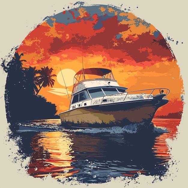 Un bateau navigue sur une mer calme avec un beau coucher de soleil en arrière-plan
