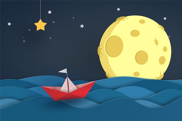 Bateau origami rouge dans l'océan sur la vague de la mer avec ciel nocturne et pleine lune. conception d'illustrateur de vecteur dans le concept de papier découpé.