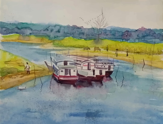 Bateau De Paysage Aquarelle Avec Illustration De Peinture De Rivière