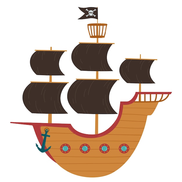 Bateau Pirate En Bois Avec Voiles Ouvertes Et Un Drapeau Avec Un Crâne Et Des Os Croisés Illustration Vectorielle Isolée Sur Fond Blanc