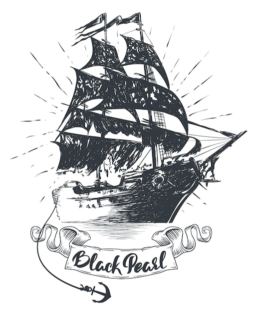 Vecteur bateau pirate illustration vectorielle dessinés à la main lettrage perle noire