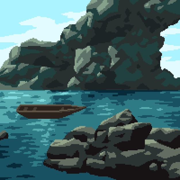 Vecteur bateau de roche de mer pixel art