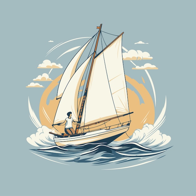 Vecteur bateau à voile sur la mer illustration vectorielle dans le style rétro