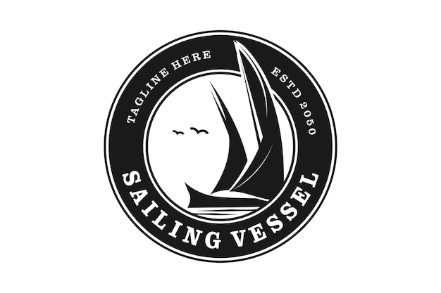 Bateau Voilier Navire Silhouette Vintage Retro Rustique Emblème Logo Design