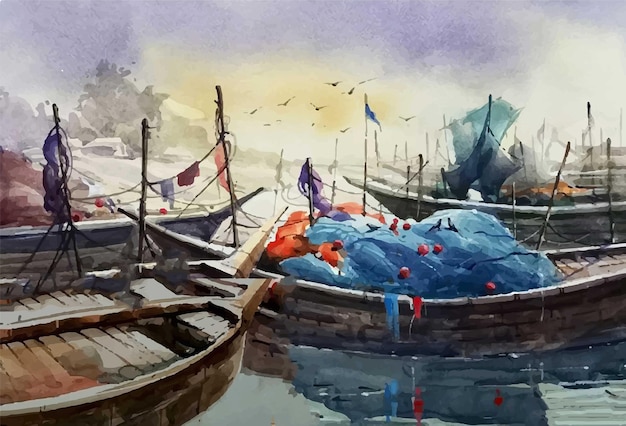 Bateaux à l'aquarelle flottant sur l'illustration de la rivière