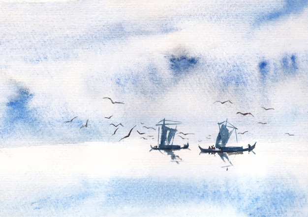 Vecteur bateaux sur la rivière peinture aquarelle