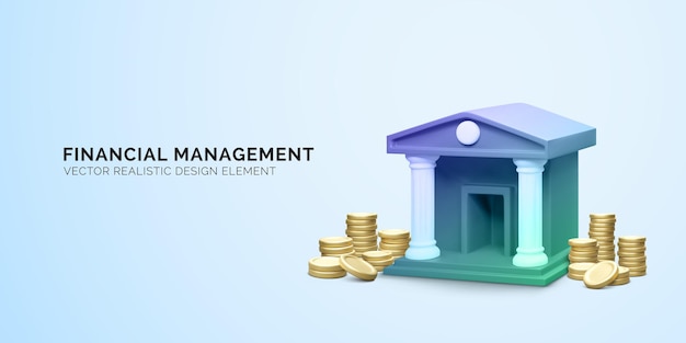 Bâtiment de banque 3d et piles de pièces d'or Icône de banque réaliste 3d Transaction d'argent ou concept d'épargne Illustration vectorielle