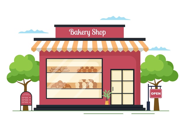 Bâtiment de boulangerie qui vend divers types de pain tels que la pâtisserie au pain blanc et d'autres tous cuits au four sur fond plat pour l'illustration de l'affiche