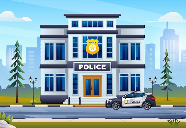 Vecteur bâtiment du poste de police avec voiture de patrouille et paysage urbain illustration de bande dessinée vectorielle