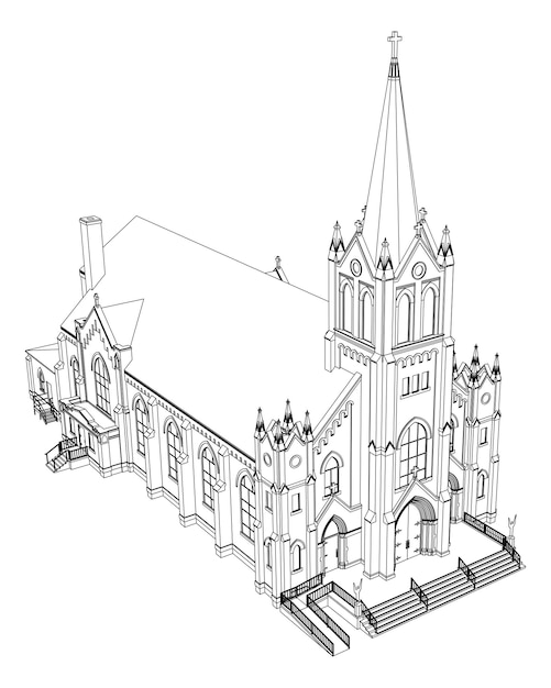 Vecteur le bâtiment de l'église catholique, vues de différents côtés. illustration en trois dimensions sur fond blanc.
