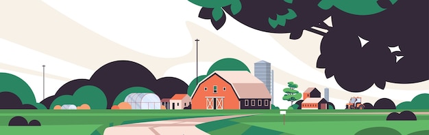 Vecteur bâtiment de ferme maison écologique agriculture agriculture concept rural terres agricoles campagne paysage illustration vectorielle horizontale