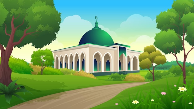 Bâtiment de la mosquée de banlieue avec pelouse verte, buisson et arbres paysage illustration vectorielle
