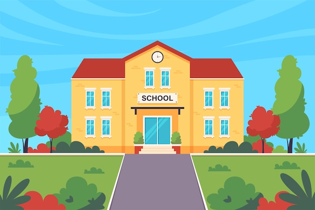 Bâtiment scolaire retour à l'école en illustration plate