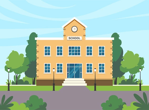 Bâtiment scolaire retour à l'école en illustration plate