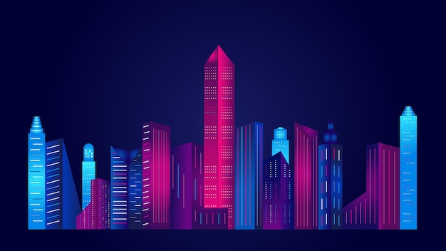 Bâtiment de la ville au néon Illustration vectorielle d'horizon de vue de nuit