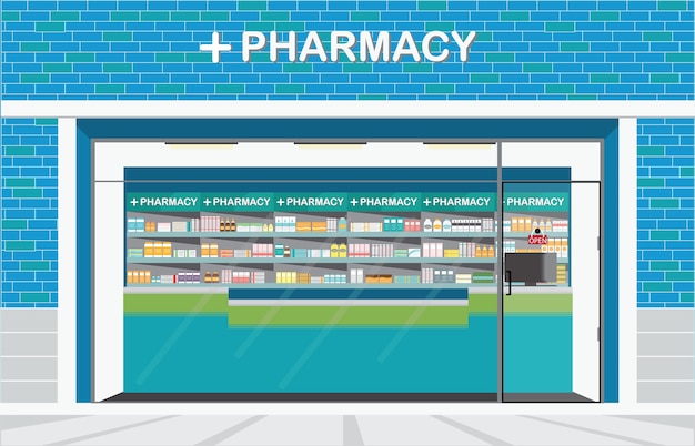 Bâtiment vue de face extérieure et intérieur de la pharmacie, illustration vectorielle.