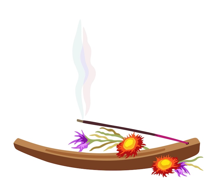 Vecteur bâton d'encens sur un support en bois avec des fleurs sèches autour de l'illustration vectorielle isolée