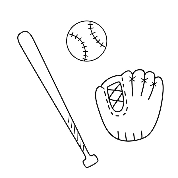 Vecteur batte et balle de gant de baseball illustration vectorielle de doodle isolée sur un croquis de contour blanc