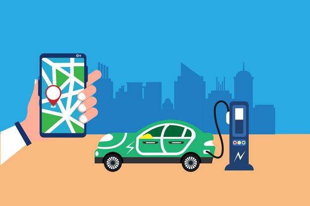 Batterie de chargement de véhicule électrique de voiture à la station de recharge, énergie verte et propre durable