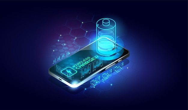 Batterie d'icônes et éclairage de progression de charge sur l'écran du téléphone intelligent Smartphone à écran tactile Illustration isométrique vectorielle