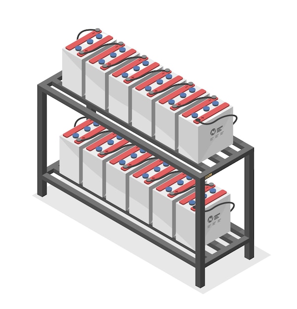 Vecteur batterie de stockage du système de cellules solaires définie vecteur de dessin animé isolé isométrique élément hors réseau