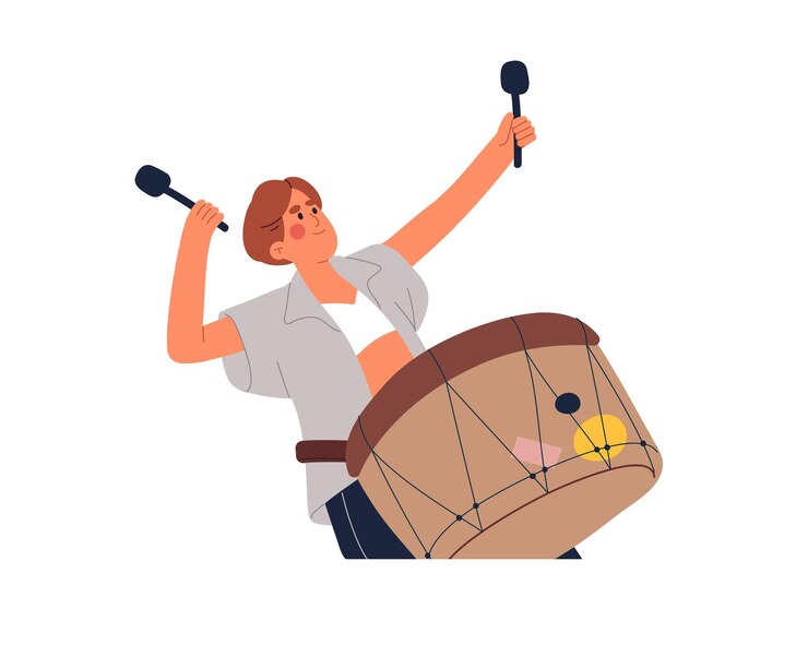 Le batteur joue d'un instrument de percussion Le musicien de rue joue avec du tambour et des baguettes dans une représentation musicale L'artiste interprète des spectacles en concert Illustration vectorielle isolée plate sur fond blanc