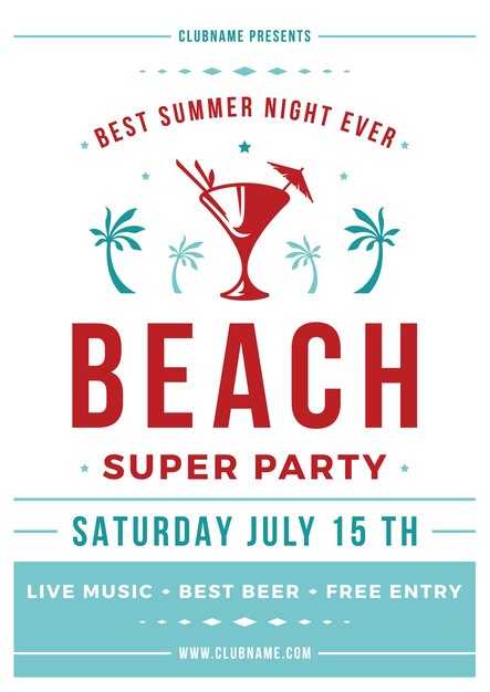 Beach club été fête affiche cocktail alcool boisson modèle vintage bleu rouge design vecteur