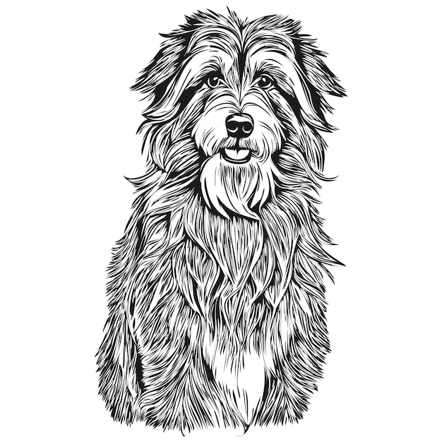 Vecteur bearded collie chien dessin animé visage encre portrait noir et blanc croquis dessin tshirt imprimer silhouette réaliste pour animaux de compagnie