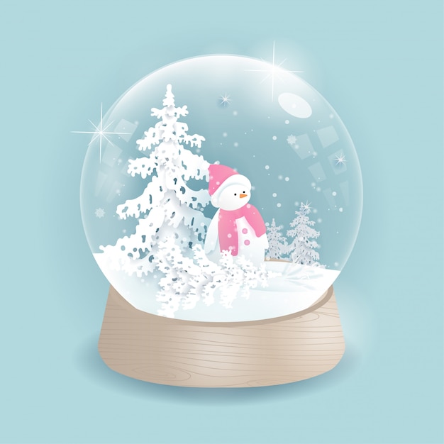 Beau bonhomme de neige dans une boule de neige avec sapin de Noël pour carte de Noël