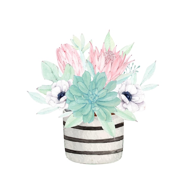 Beau bouquet floral aquarelle avec pot de rayures