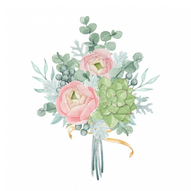 Vecteur beau bouquet floral aquarelle avec renoncule, meunier succulent et poussiéreux et eucalyptus
