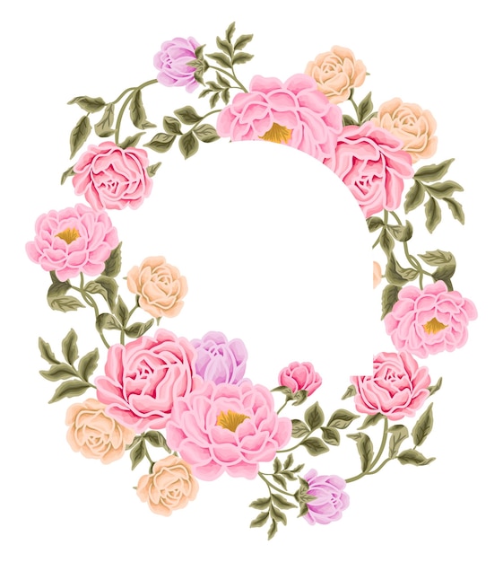 Vecteur beau cadre floral avec des fleurs roses vintage, des pivoines et des feuillages de feuilles