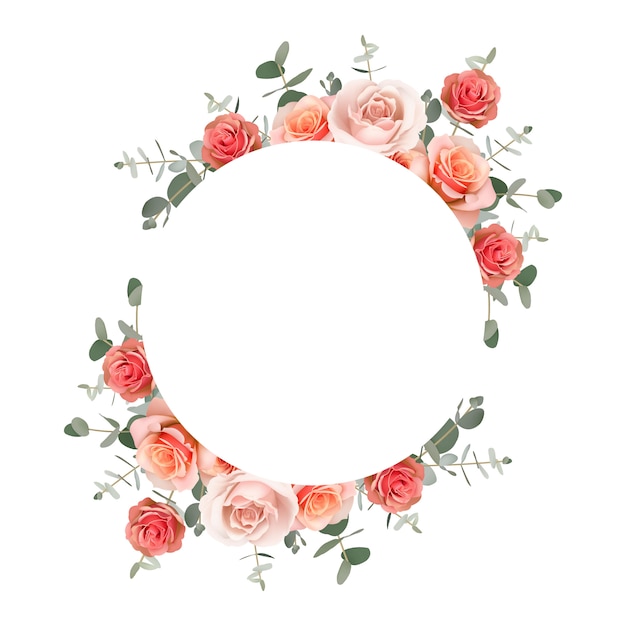 Beau cadre avec des roses orange florales et une feuille d'eucalyptus