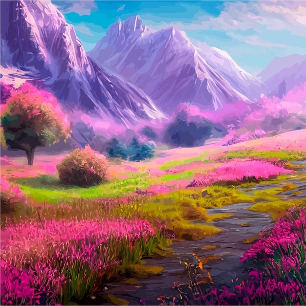 Vecteur beau champ de tulipes poussant sur les pentes des montagnes et le ciel illustration champ abstrait
