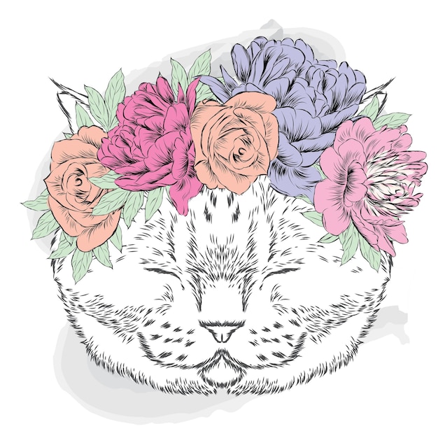 Vecteur beau chat hipster dans une couronne florale