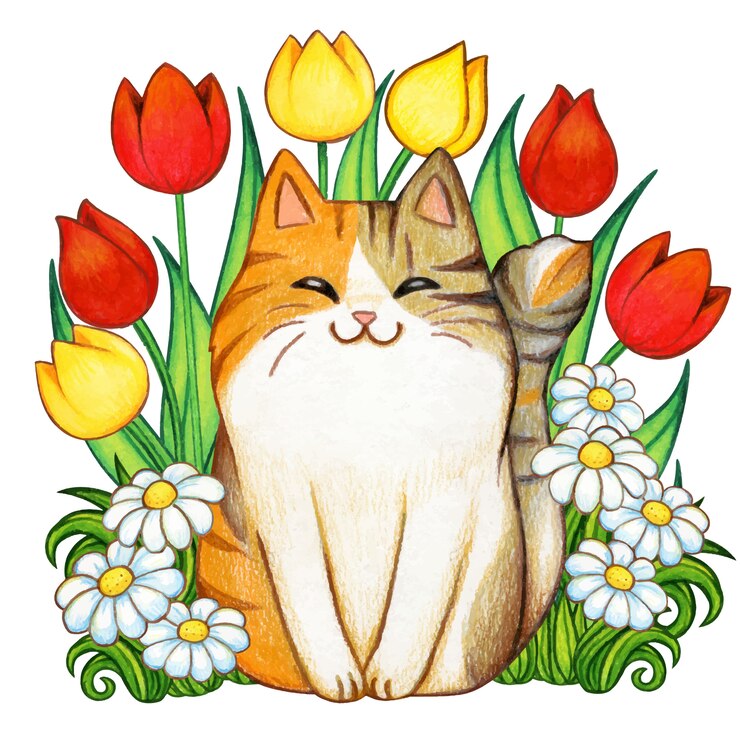 Vecteur beau chaton aquarelle dans un jardin de tulipes et de marguerites