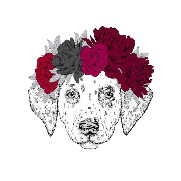 Vecteur beau chien en hipster couronne florale