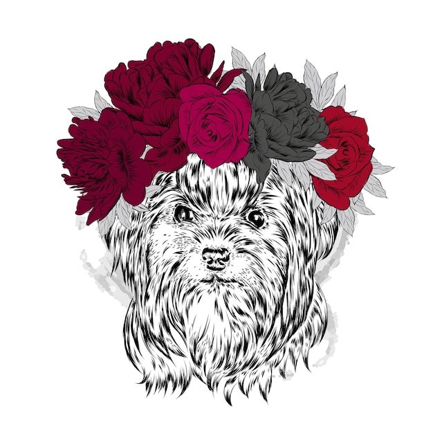 Vecteur beau chien en hipster couronne florale