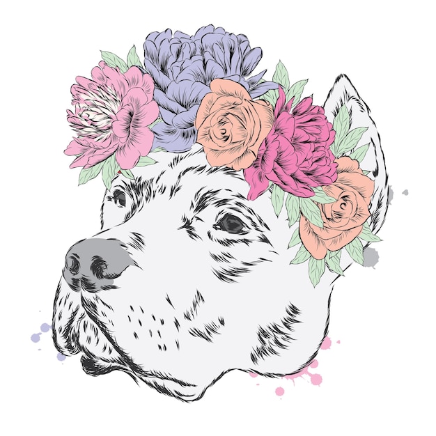 Vecteur beau chien hipster dans une couronne de fleurs